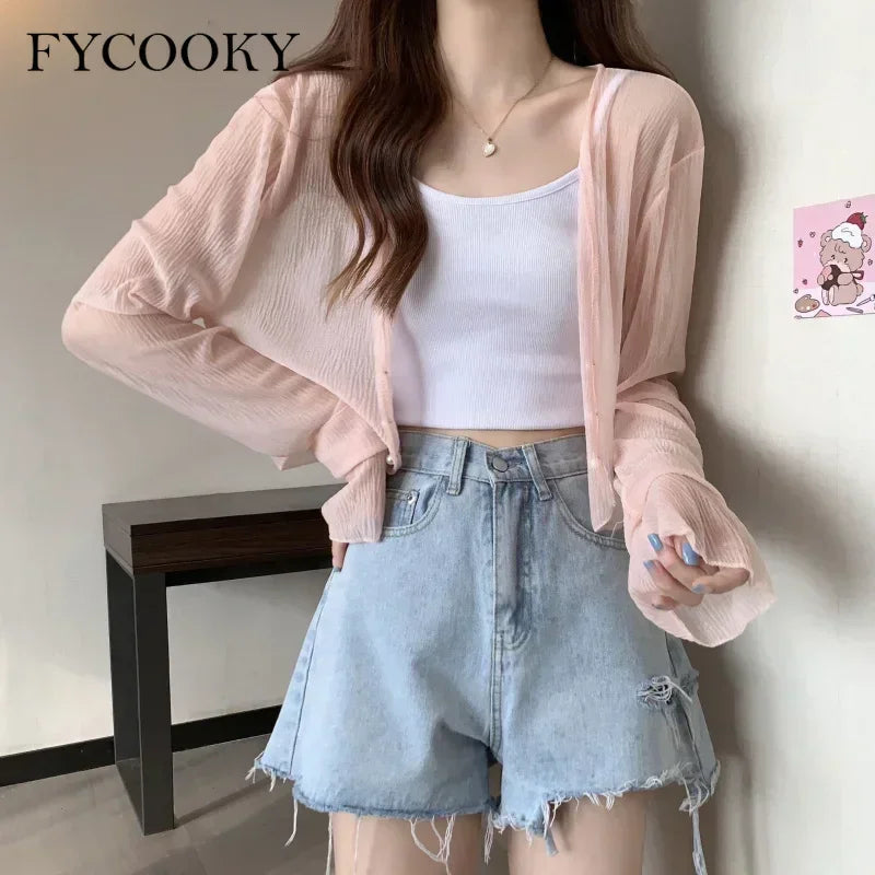 2025 Fairy Style Solid Cardigan Women Summer New Long Sleeve Sunscreen Sweet Beading V-neck Basics Loose Chiffon Cardigan - Smarsty