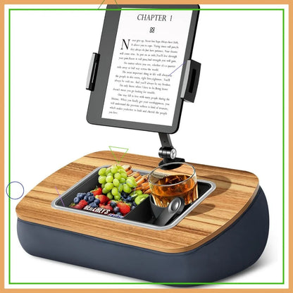 Adjustable Tablet Pillow Stand with Snack Bowl, 360° Rotating Clip for 4.7-13" Devices, Hands-Free Reading on Bed or Couch