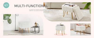 JHK Faux Fur Living Room Hidden Storage Stools & Ottomans Padded Makeup with 4 Metal Legs Anti-Slip Adjustable Feet for Home