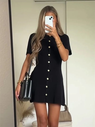Trendix Elegant Knit Mini Dress Women Street Slim High Waist Short Sleeve Rib Sweater Dresses Vacation Bodycon Knitwear Dress - Smarsty