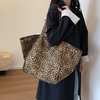 Leopard Pattern Tote Bag Vintage Canvas With Large Capacity - Smarsty
