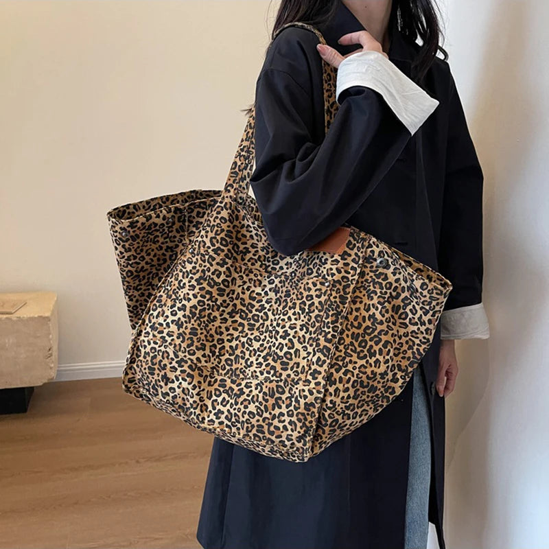 Leopard Pattern Tote Bag Vintage Canvas With Large Capacity - Smarsty