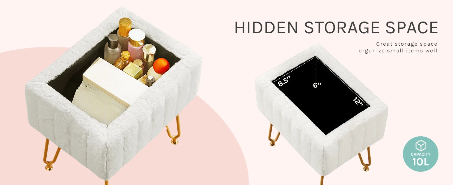 JHK Faux Fur Living Room Hidden Storage Stools & Ottomans Padded Makeup with 4 Metal Legs Anti-Slip Adjustable Feet for Home