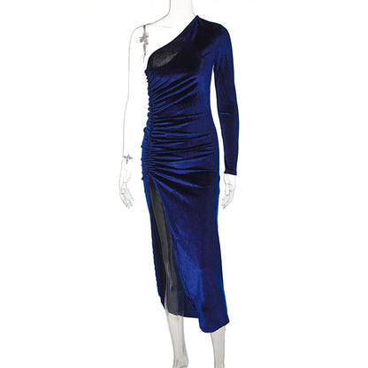 Women Elegant Long Sleeve Party Evening Velvet Bodycon Split Pencil Midi Dress Spring Autumn Clothes - Smarsty