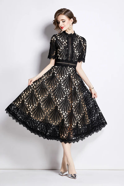 H Han Queen Spring New Elegant Casual Work Party Dresses Floral Crochet Hollow Out Lace Patchwork Casual Office Midi Dress - Smarsty