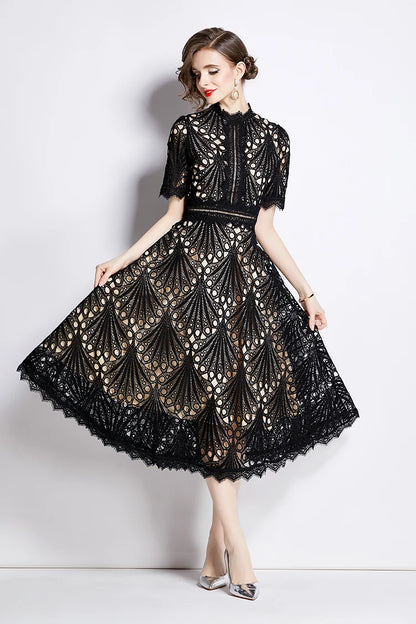 H Han Queen Spring New Elegant Casual Work Party Dresses Floral Crochet Hollow Out Lace Patchwork Casual Office Midi Dress - Smarsty