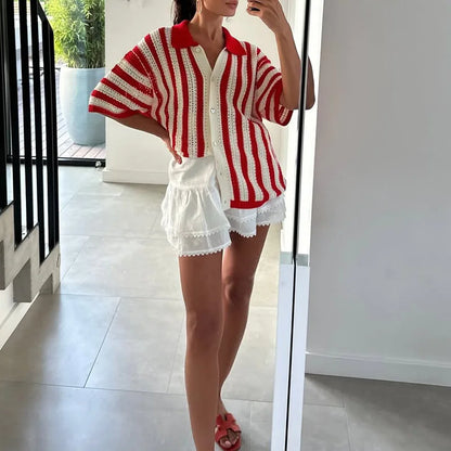 Striped Lapel Cardigan Women's Spring Summer 2025 New Button Knitted Contrast Short-sleeved Cardigan Street Women's Clothing - Smarsty