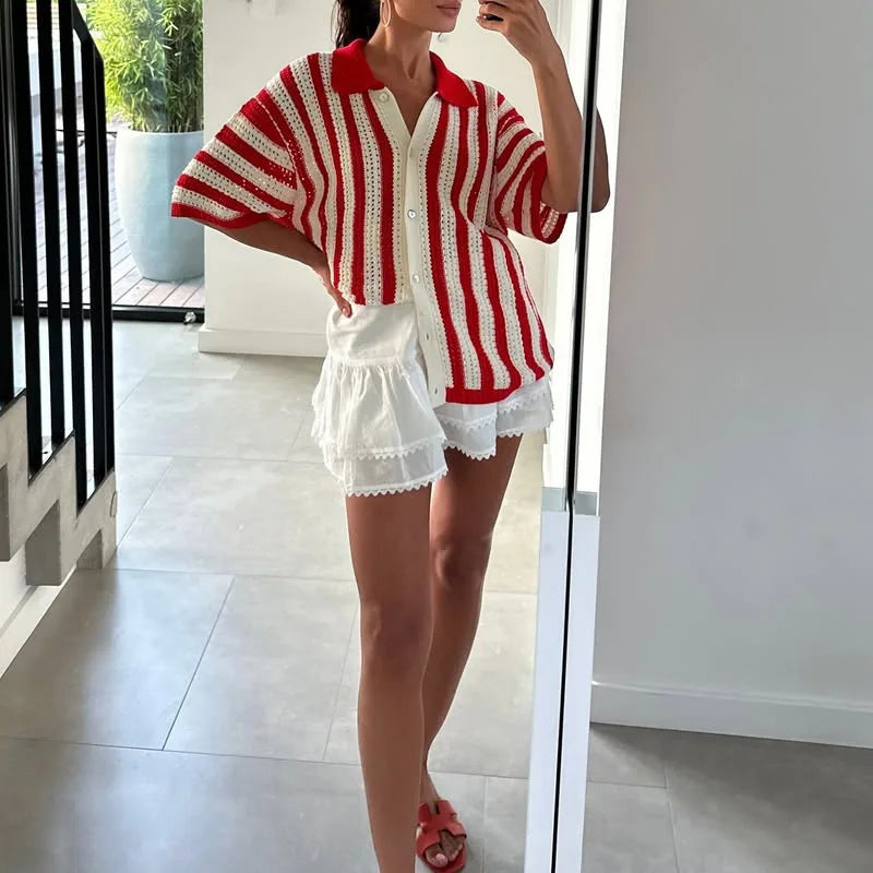 Striped Lapel Cardigan Women's Spring Summer 2025 New Button Knitted Contrast Short-sleeved Cardigan Street Women's Clothing - Smarsty