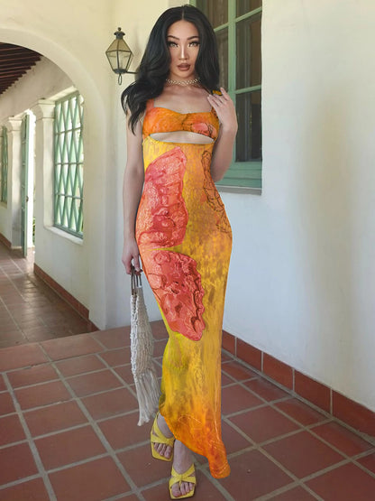 Dulzura Lace Print Cut Out Maxi Dress Bodycon Sexy Party Club Y2K Outfits Streetwear Bandage Dress Vestido Classic Prom