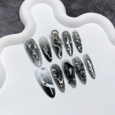 Dark Black Stiletto Press On Nails with Butterfly Design - Smarsty