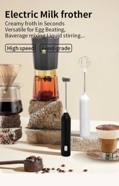 HOT  Electric Milk Frother + Egg Beater Wireless Type-C Charging 3 Speeds Mini Handheld Foam Maker Coffee Whisk Cooking Tools - Smarsty