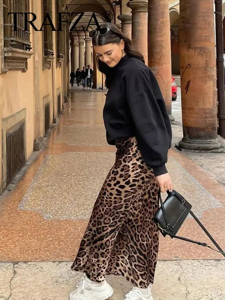 TRAFZA 2024 Women Fashion Leopard Print Skirt Vintage High Waist Midi Skirts Elegant Women Summer Casual Streetwear Skirt - Smarsty