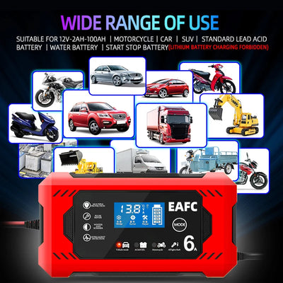 Car Battery Charger 12V 6A Intelligent Fast Charging Pulse Repair Type Full Auto-Stop Dual-Mode Lead Acid for Motorcycle Truck - Smarsty