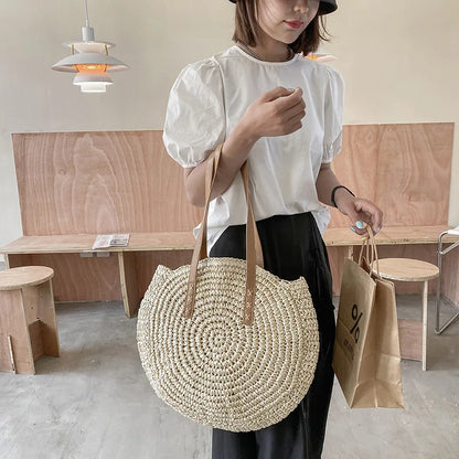 Round Straw Beach Tote for Women Large Capacity Bag - Smarsty