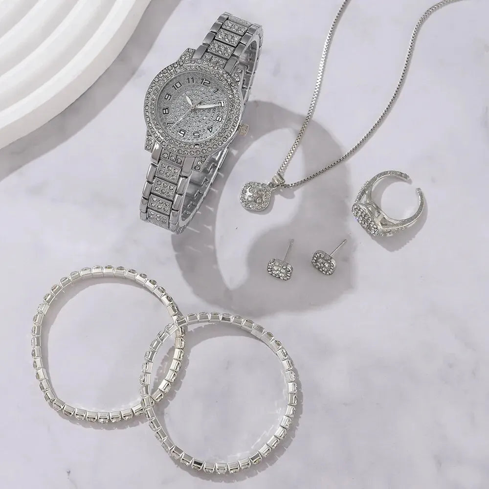 Luxury Women Alloy Watch Set with Elegant Crystals - Smarsty