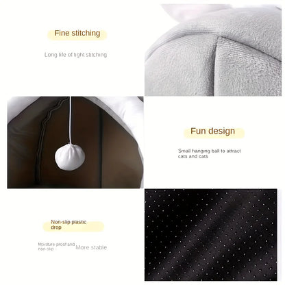 1 Comfortable Cartoon Cat House with Removable Pad, Modern Style Pet Bed Cave, Indoor Plush House Bed with Pompom