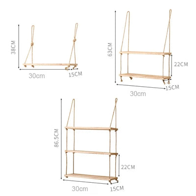 Wooden Floating Shelves for Wall Plant Flower Wood Swing Hanging Rope Storage Home Living Room Decor 1/2/3-tier by Smarsty