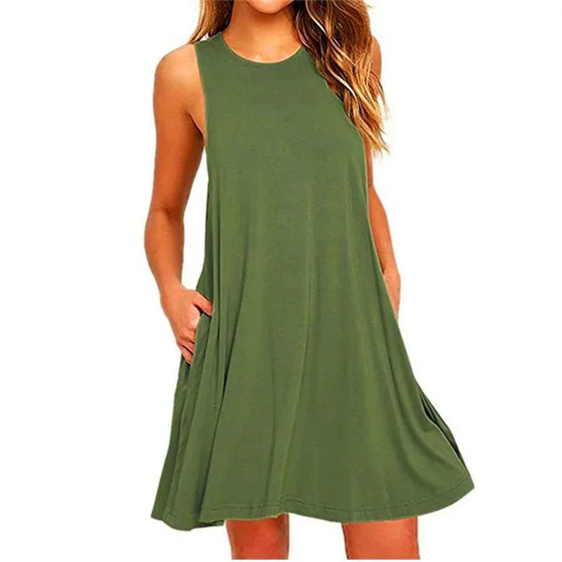 Women's Dress Summer Casual T Shirt Dresses Beach Cover up Plain Pleated Tank Pockets Dress - Smarsty