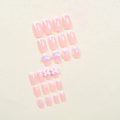 Cute Cartoon Cat Pink French Nail Set for Parties - Smarsty