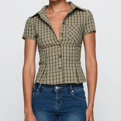 hirigin Women's Y2K Short Sleeve Plaid Button Down Shirt Button Down Blouses Tops Casual Summer Shirt Tops 90s Streetwear - Smarsty