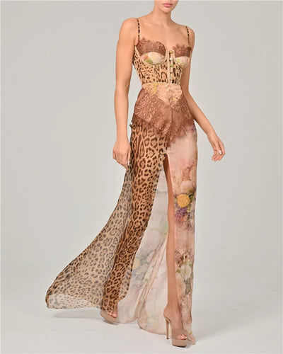 Mozision Leopard Print Lace Split Sexy Maxi Dress Women Gown Elegant Patchwork Chiffon Sleeveless Backless Beach Evening Dress - Smarsty