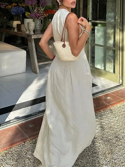 MUJER Zipper Long Dress Woman Pleated Sleeveless Bodycon Dress Summer Elegant Party Dresses For Women 2025 New Midi Dresses - Smarsty