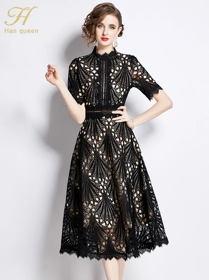 H Han Queen Spring New Elegant Casual Work Party Dresses Floral Crochet Hollow Out Lace Patchwork Casual Office Midi Dress - Smarsty