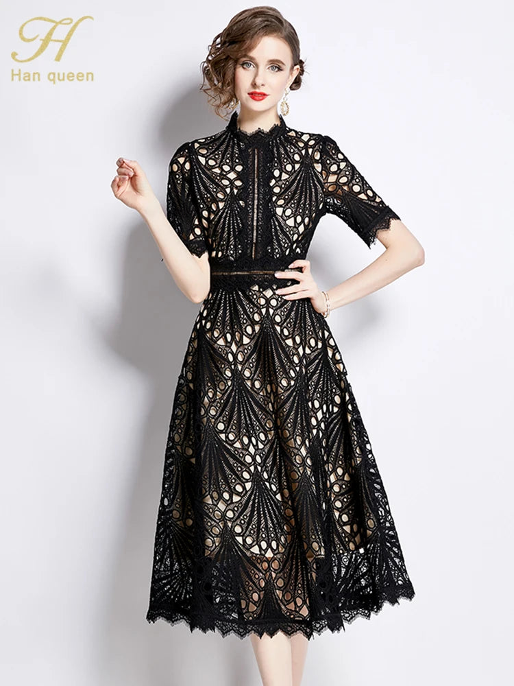 H Han Queen Spring New Elegant Casual Work Party Dresses Floral Crochet Hollow Out Lace Patchwork Casual Office Midi Dress - Smarsty