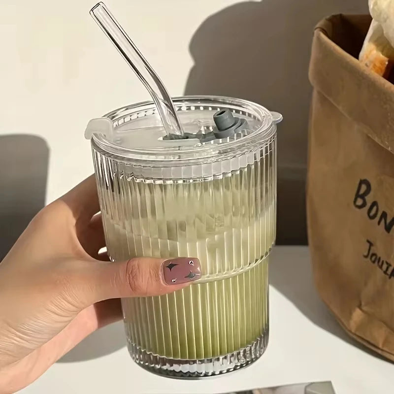 450ml Transparent Glass Cup With Lid and Straw - Smarsty