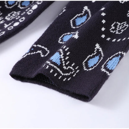 Tassel Patchwork Printed Cardigan Women Geometric Patterns Belts V-neck Long Sleeve Knitted Street Lady Sweater 2025 Autumn Coat - Smarsty