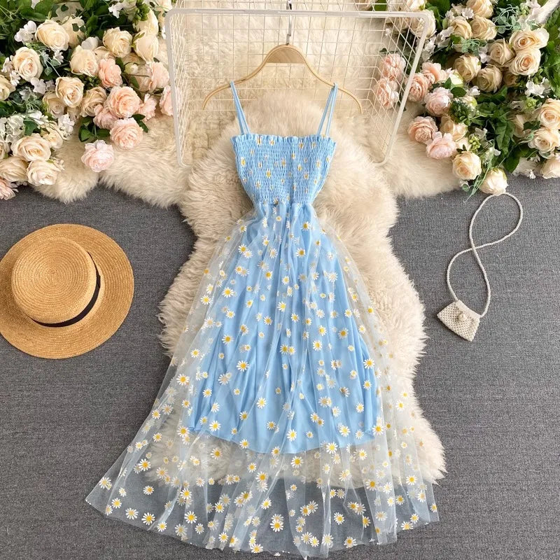 YuooMuoo Women Dress 2025 New Korean Fashion Floral Print Spaghetti Straps Mesh Party Dress Vacation Style Lady Beach Vestidos - Smarsty