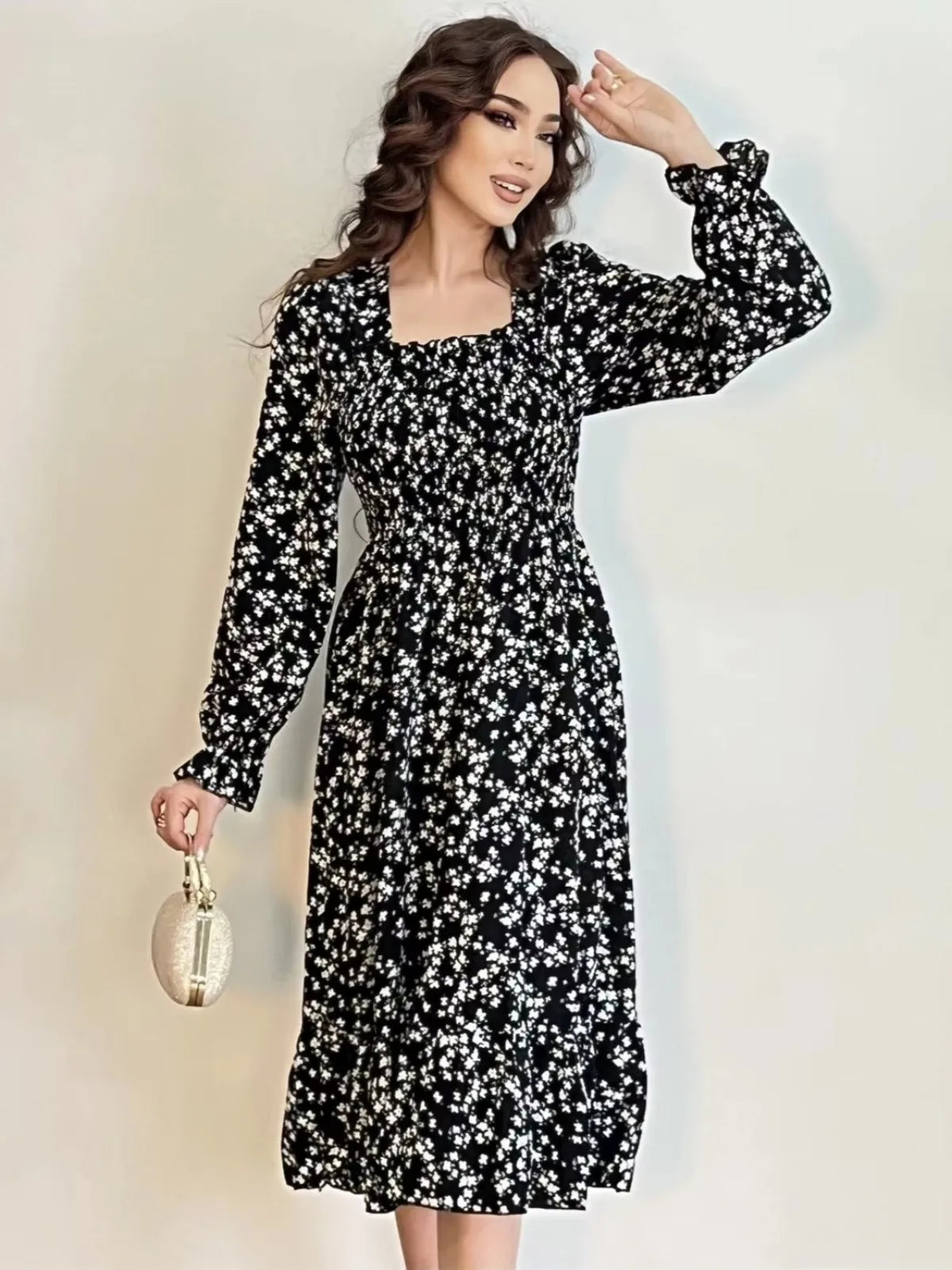 Long Sleeve Casual Dress Women Chiffon Dresses Autumn Spring A-line Printed Floral Elastic Chest Lace Up Midi Dresses Vestidos - Smarsty