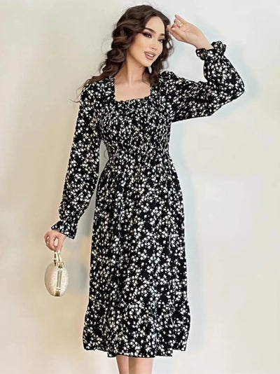Long Sleeve Casual Dress Women Chiffon Dresses Autumn Spring A-line Printed Floral Elastic Chest Lace Up Midi Dresses Vestidos - Smarsty