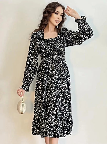Long Sleeve Casual Dress Women Chiffon Dresses Autumn Spring A-line Printed Floral Elastic Chest Lace Up Midi Dresses Vestidos - Smarsty