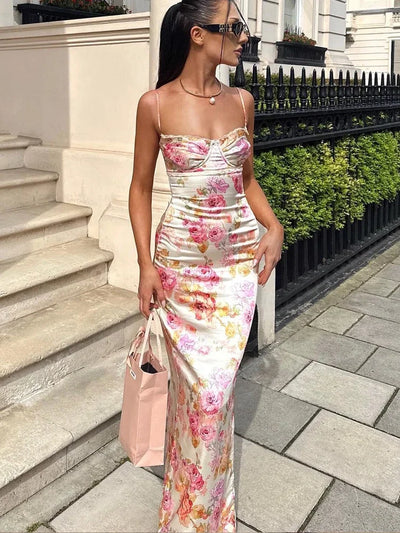 Suninheart Summer Spaghetti Strap Floral Print Party Dresses Elegant Maxi Bodycon Wedding Guest Holiday Dress New In Dress 2023 - Smarsty