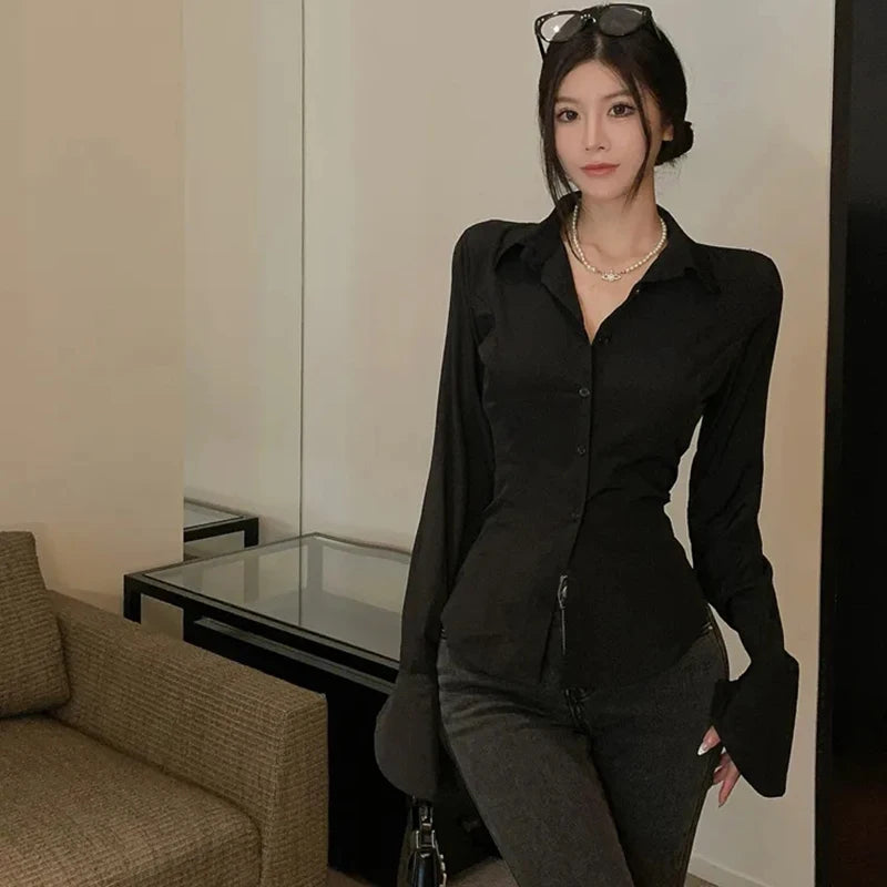Gidyq Fashion Women Bandage Shirts Korean All Match Streetwear Female Slim Blouse Spring Casual White Bell Sleeve Shirt New - Smarsty