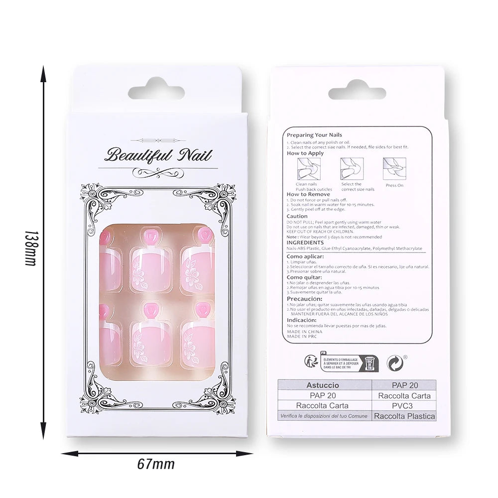 French Flower Fake Toenails Short Square Press On Tips - Smarsty