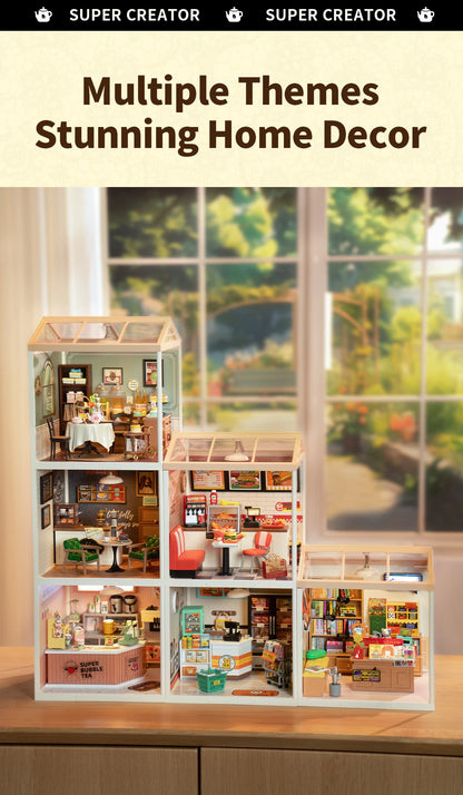 Robotime Rolife Super Creator Series Plastic Dollhouse Building Blocks for Kids Yum Burgers Leisurely Cheers Bar Sweet Sips Tea