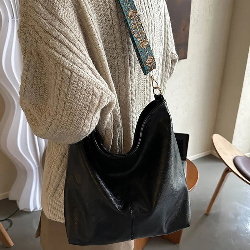 Wide Geometric Strap Shoulder Bag Large Capacity Crossbody Bags For Women,Retro Pu Leather Women's Bag For Shopping Travel - Smarsty