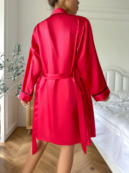 Simple Satin Pajama Set Long Sleeve Belted Robe  V Neck Cami Top And Shorts Women's Sleepwear - Smarsty