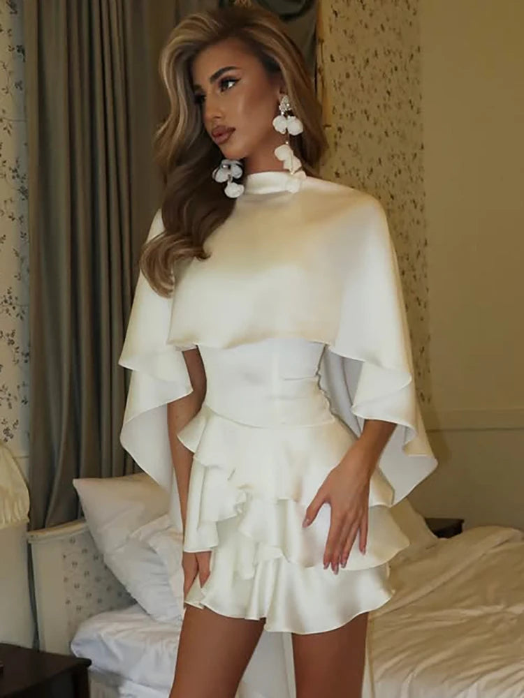 Mozision Shawl Sleeve Ruffle Sexy Mini Dress Women Robe Fashion Solid Lace-up Backless Club Party Dress Female Elegant Dresses