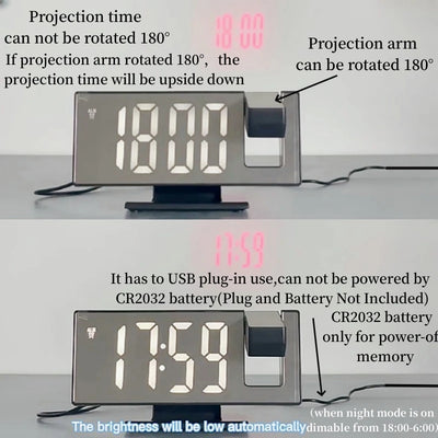 180 Degree Projection Alarm Clock with USB Charging - Smarsty