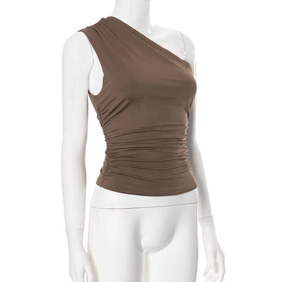 Solid Color One Shoulder Backless Shrink Tank Top T-Shirt Candy Color Tight Sexy Sleeveless Neckless Slim Casaul Top - Smarsty