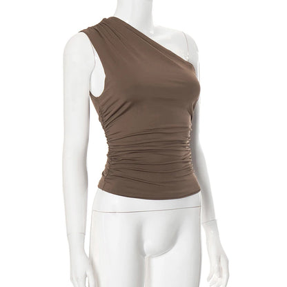 Solid Color One Shoulder Backless Shrink Tank Top T-Shirt Candy Color Tight Sexy Sleeveless Neckless Slim Casaul Top