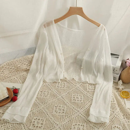 2025 Fairy Style Solid Cardigan Women Summer New Long Sleeve Sunscreen Sweet Beading V-neck Basics Loose Chiffon Cardigan - Smarsty