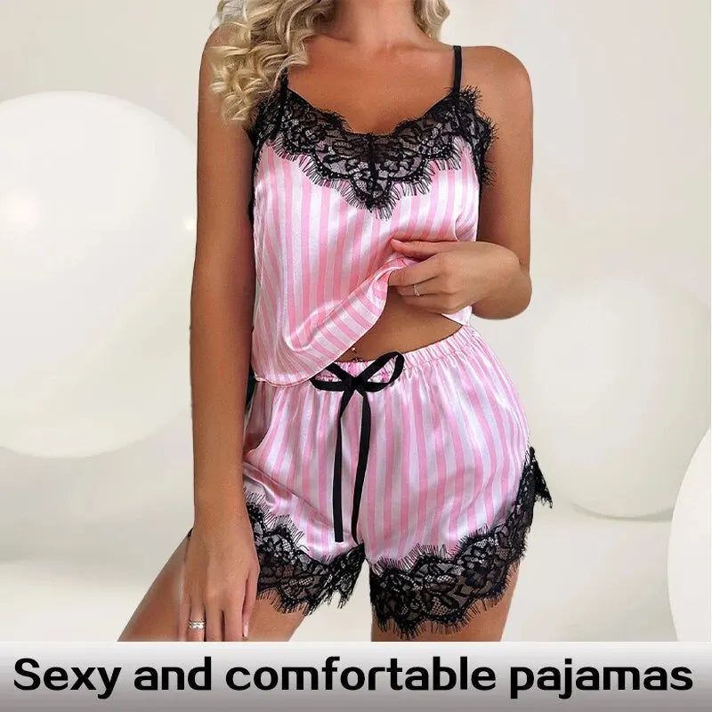Two Piece Women's V-Neck Sexy Lace Suspender Pajama Shorts Set Casual Women's Sleeveless Sexy Pajama Set - Smarsty