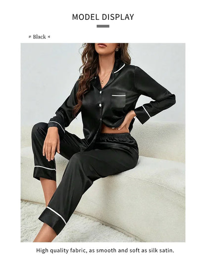 Plus Size Autumn and Winter Silk Pajamas Women Tops and Pants Solid Casual Soft Nightwear Buttons Cardigan Sleepwear Homewear - Smarsty