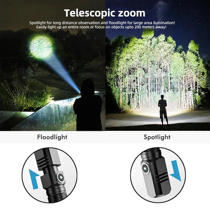 Mini Flashlight XHP50 LED USB C Rechargeable 16340 18650 Battery Flashlight 1500lm Powerful Torch Can Be Closed with One Click