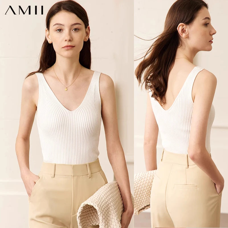 Amii Minimalism Summer New Women's Camisole Tops Office Lady Solid V-neck Sexy Slim Vest Girls Tank Streetwear Tops 12321058