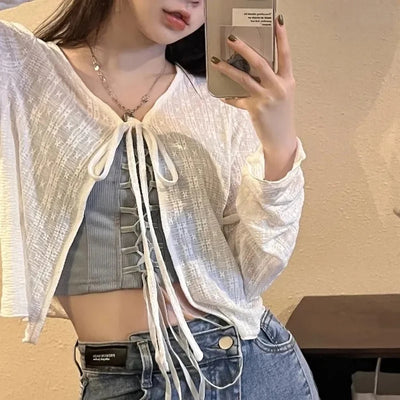 2024 White Tie Up Summer Cardigan Women Sexy Long Sleeve Sheer Mesh Crop Tops Woman Chic All Match Short Printed T Shirt Mujer - Smarsty